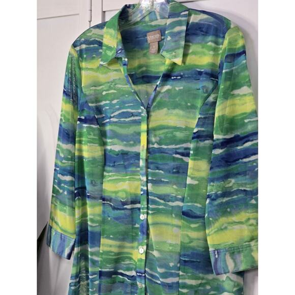 Chico's Womens Medium Micro Mesh 3Q Sleeve Button Front Multicolor Top Coastal - Picture 2 of 5